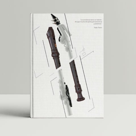 representación de una portada de libro que presenta dos flautas de pico, una de color marrón oscuro y la otra en blanco/gris claro, dispuestas de forma artística sobre un fondo blanco. **Contenido principal:** El contenido principal es la representación visual de dos flautas de pico en posiciones disjuntas pero complementarias, destacando sus formas y texturas. Las flautas parecen estar parcialmente desarmadas o diseccionadas, mostrando componentes internos y sugiriendo un aspecto técnico o analítico